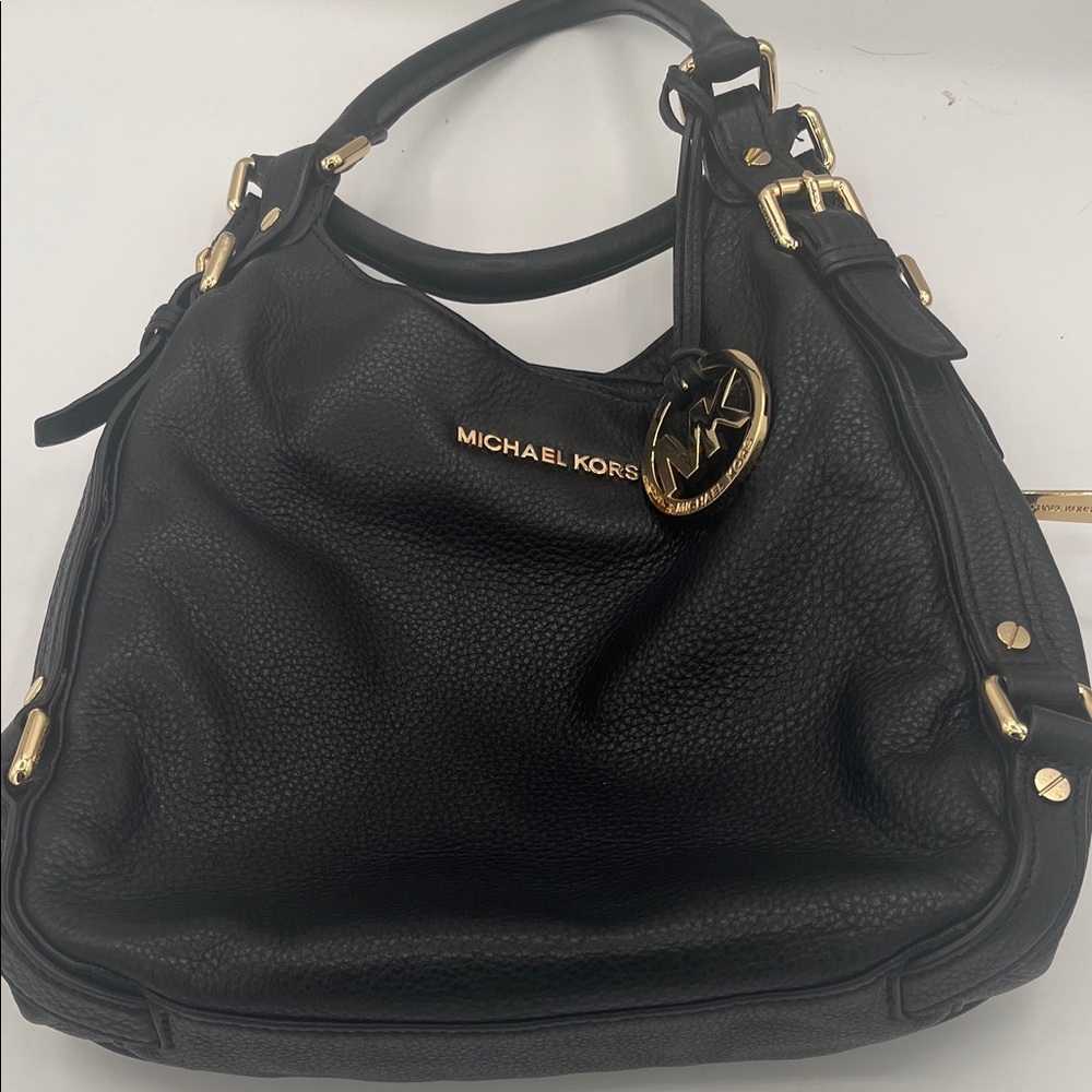Michael Kors Black Leather Shoulder Bag with Gold Accents